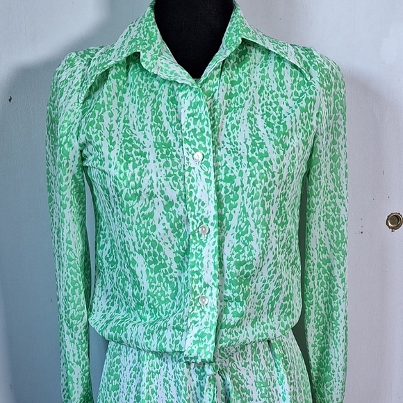Vintage 70s Green Op Art Dress Set Medium - Picture 5 of 7